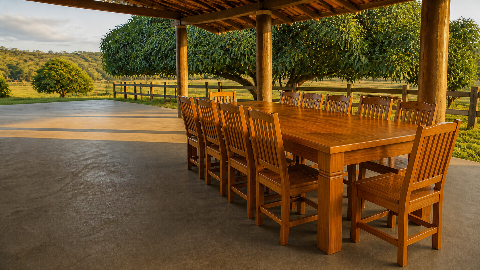 Mesa de madeira maciça sob uma varanda, cercada pela paisagem rural de Minas Gerais